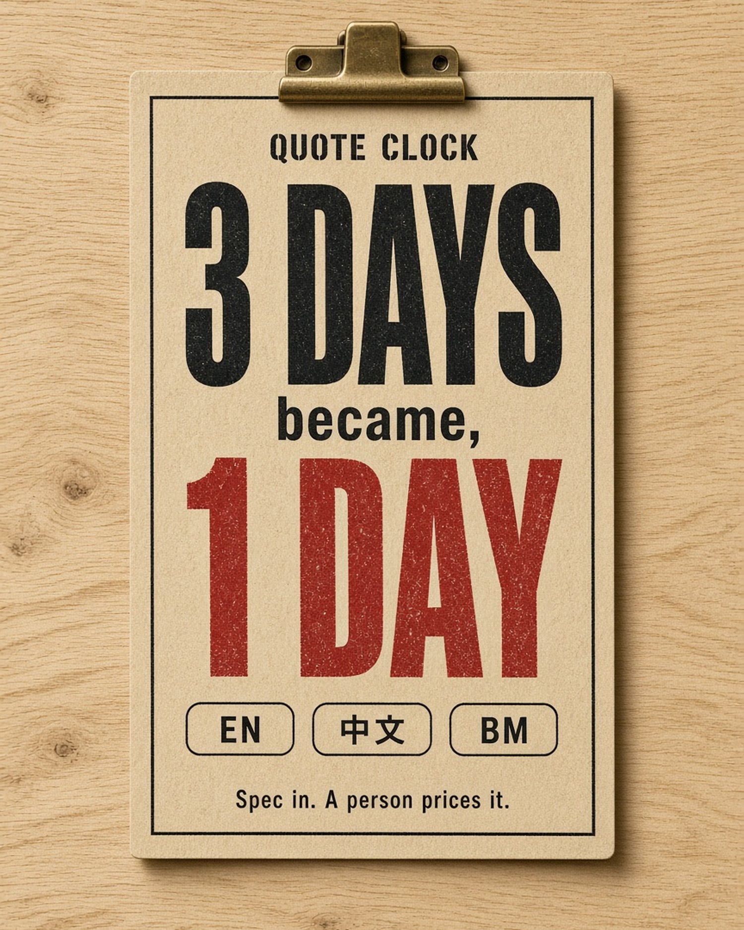Quote clock: three days became one day. Enquiry in, spec out, a person prices it.