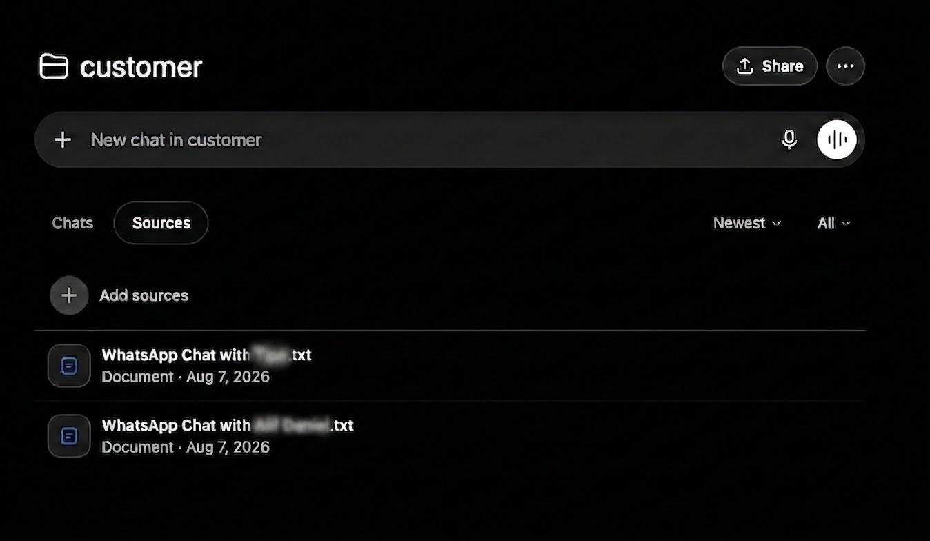 Customer project with WhatsApp chat exports attached as sources