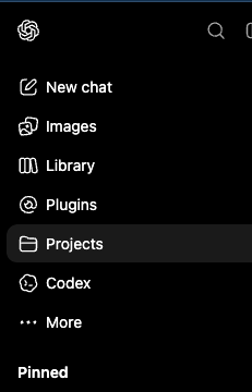 ChatGPT sidebar with Projects selected