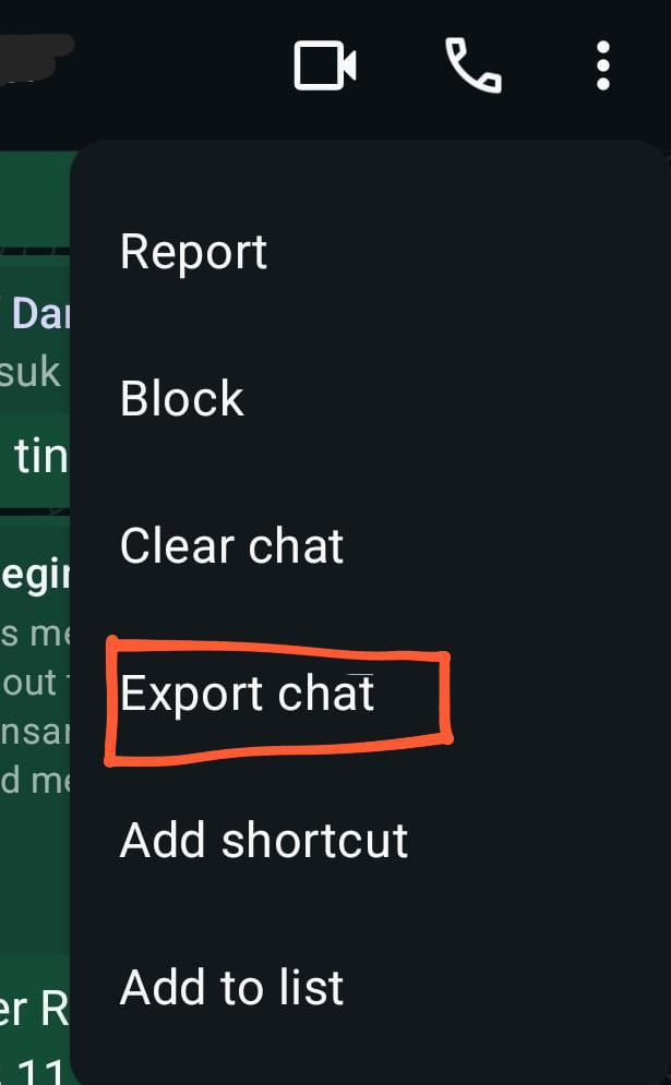 WhatsApp More menu with Export chat highlighted